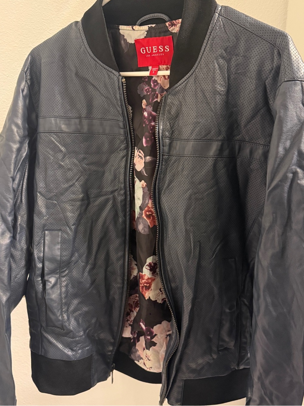 GUESS Navy Perforated Leather Bomber Jacket with Floral Lining